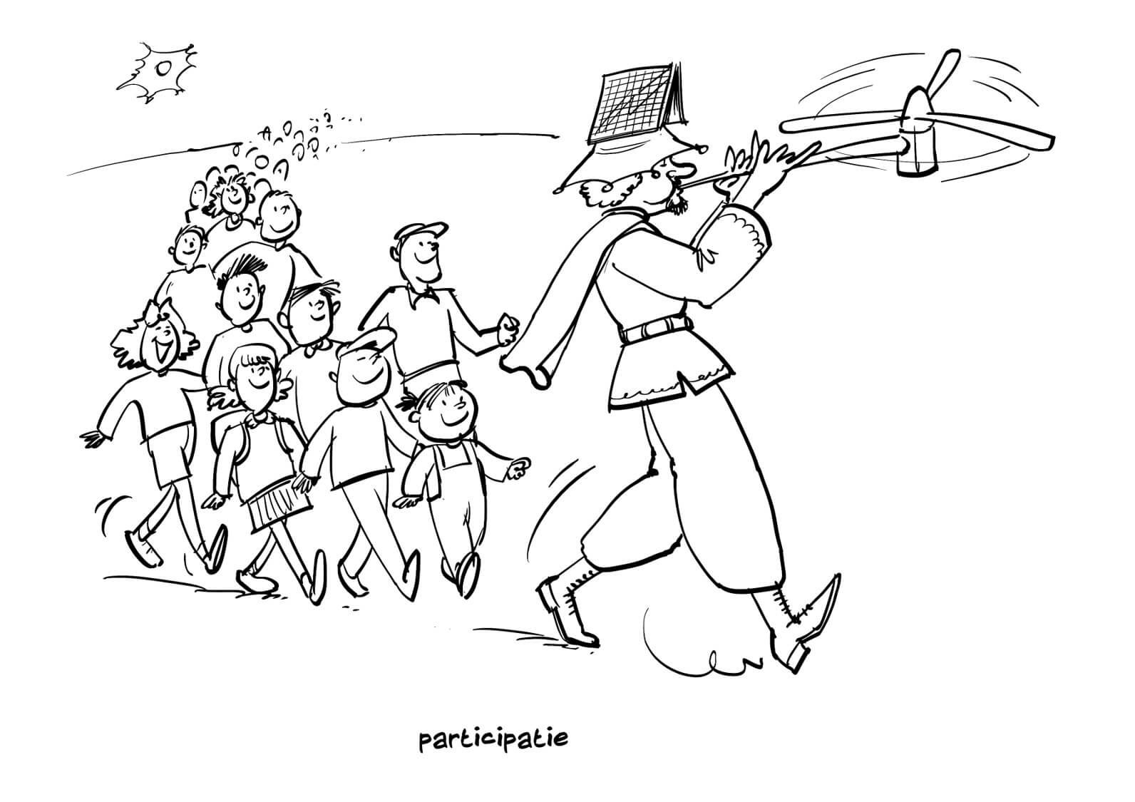 Titel: participatie. Afgebeeld: Groep personen volgt huppelend een persoon met een windmolen als fluit en een zonnepaneel als hoed.